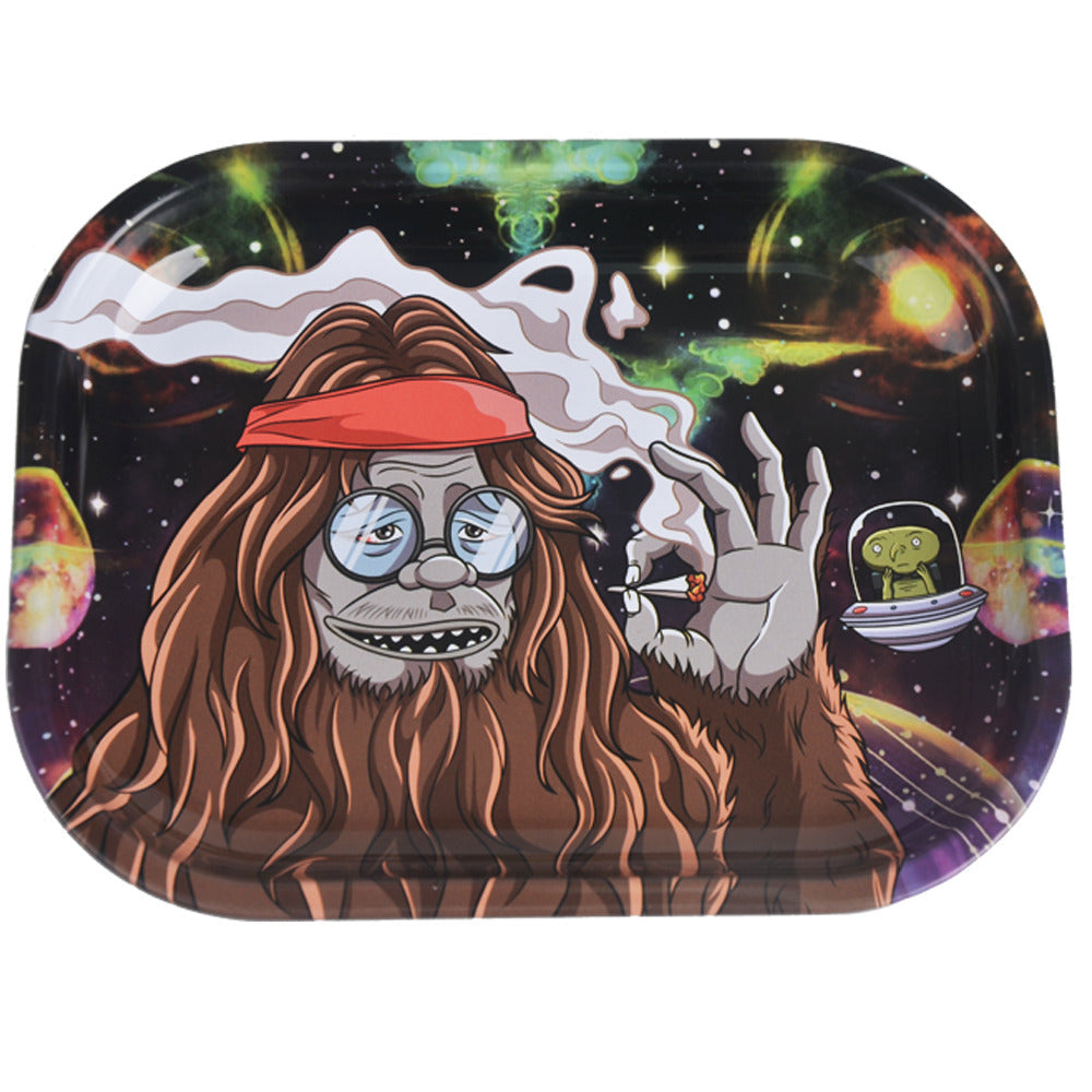 Metal tray with a cartoon character smoking a cigarette against a space-themed background