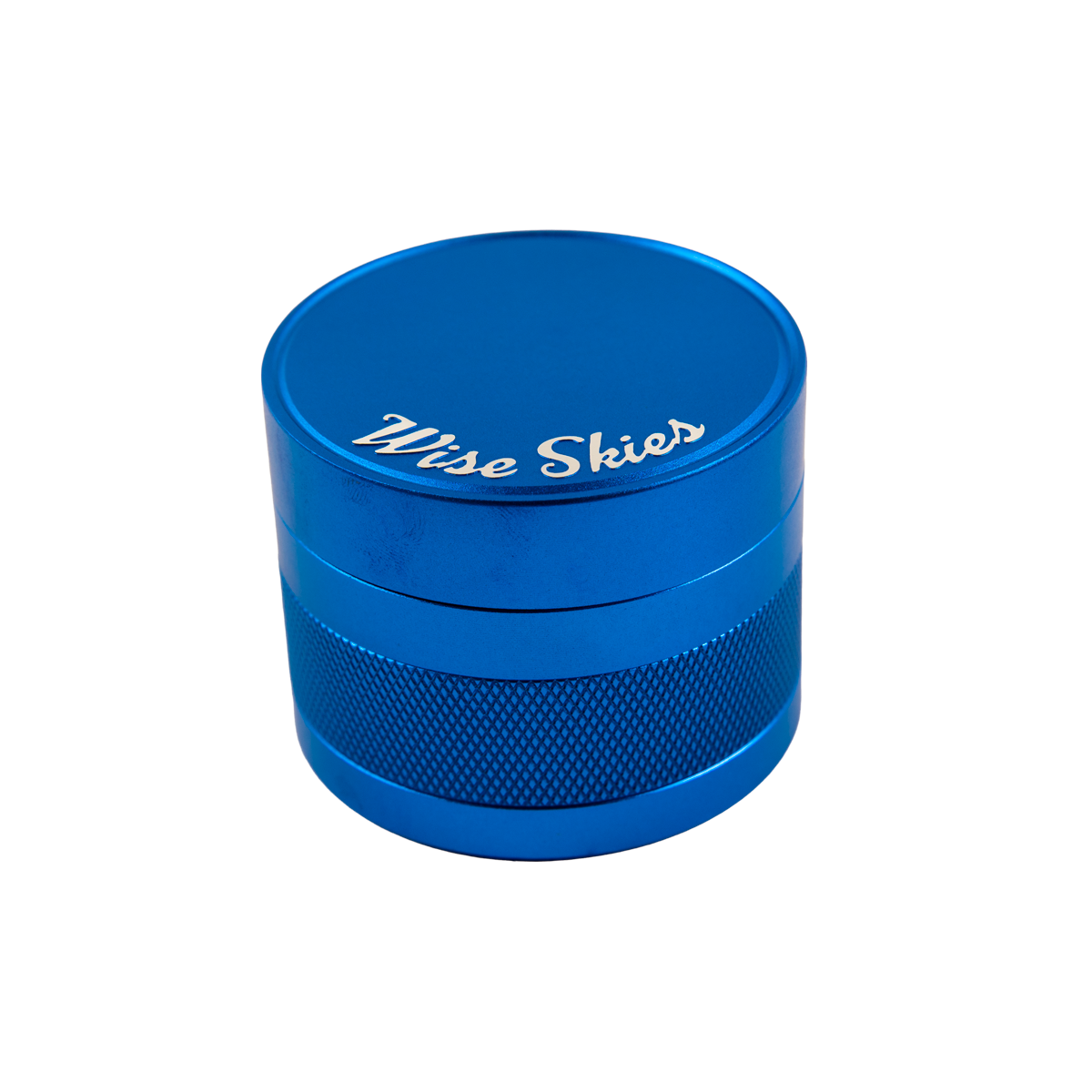 Blue grinder with 'Wise Skies' branding on a white background