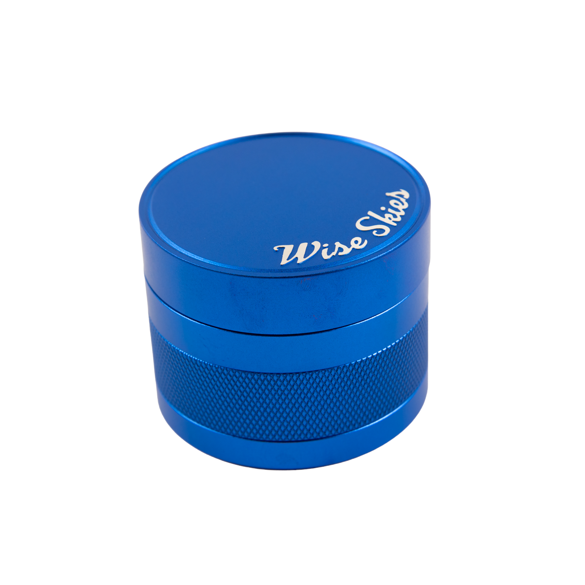 Blue grinder with 'Wise Skies' branding on a white background