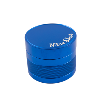 Blue grinder with 'Wise Skies' branding on a white background