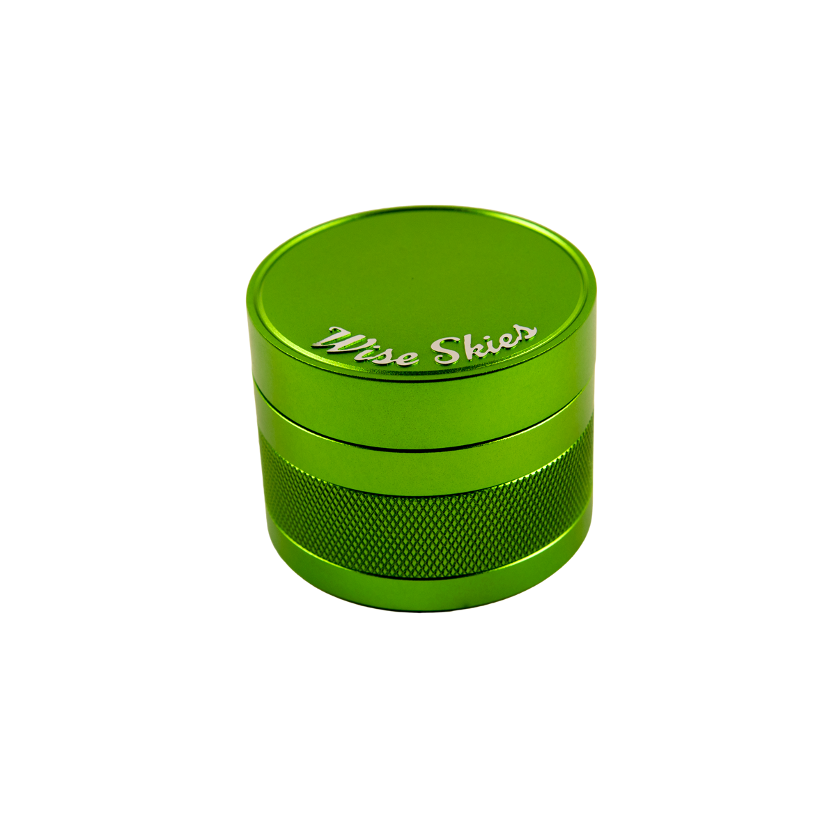 Green metal grinder with 'Wise Skies' branding on a white background