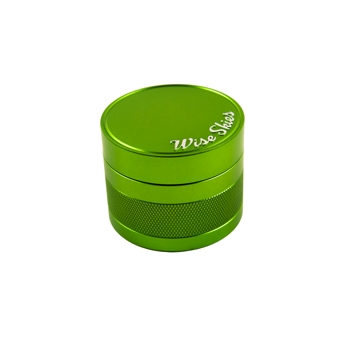 Green metal grinder with 'Wise Seeds' branding on a white background