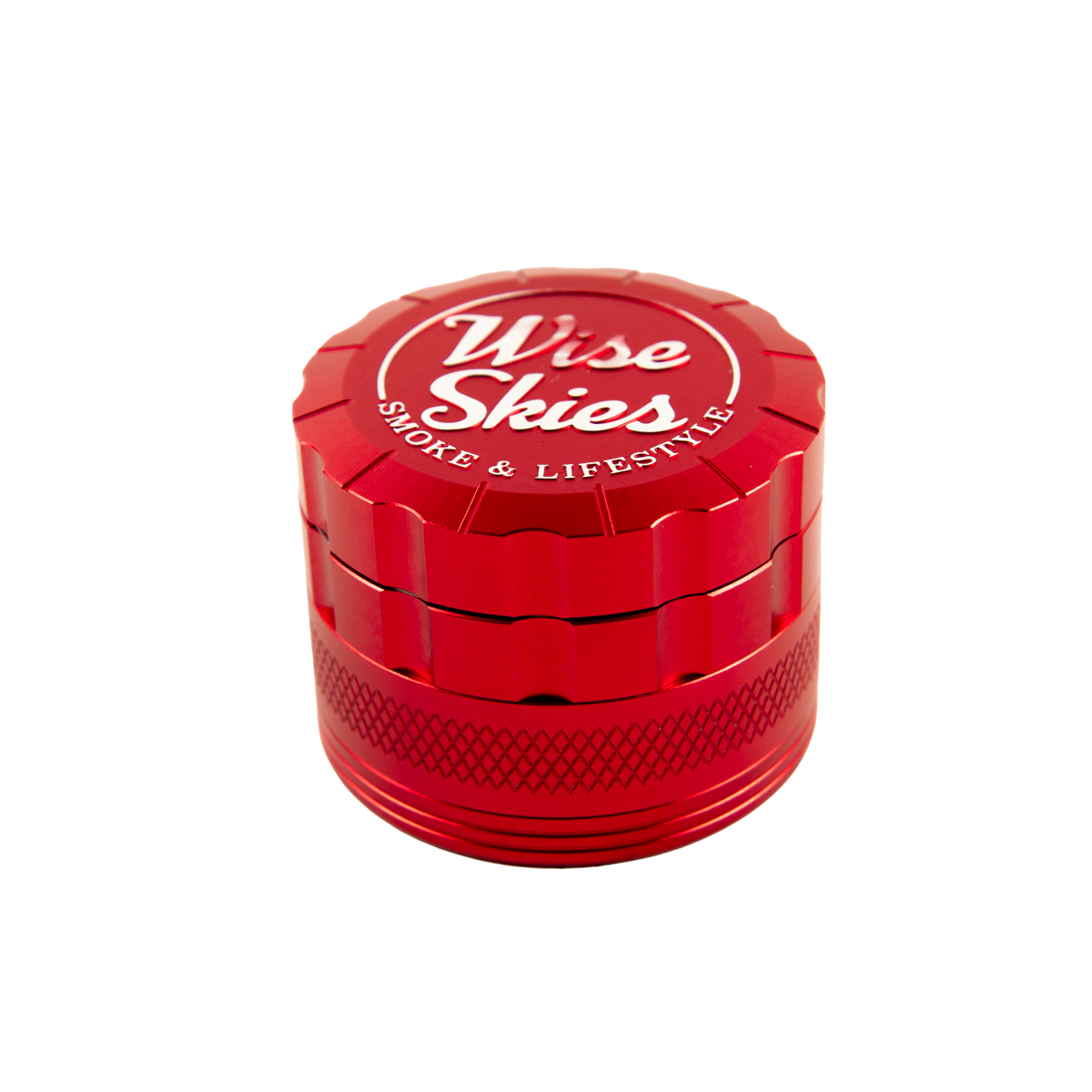 Red grinder with 'Wise Skies' branding on a white background