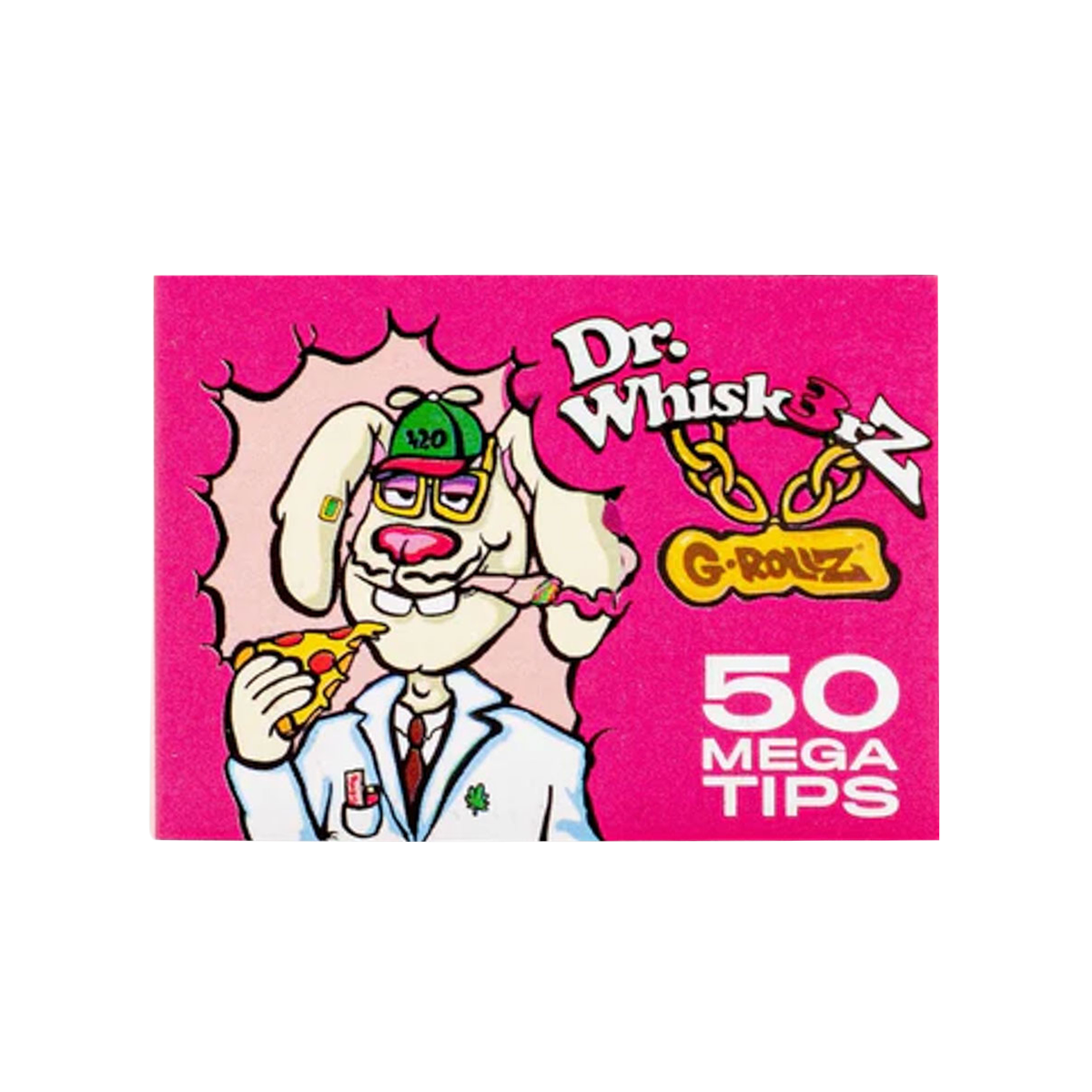 Cartoon character with pizza on a pink background, featuring 'Dr. Whisk & G-Rouz' and '50 Mega Tips'.