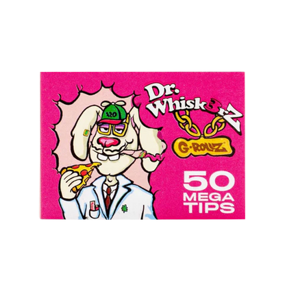 Cartoon character with pizza on a pink background, featuring 'Dr. Whisk & G-Rouz' and '50 Mega Tips'.