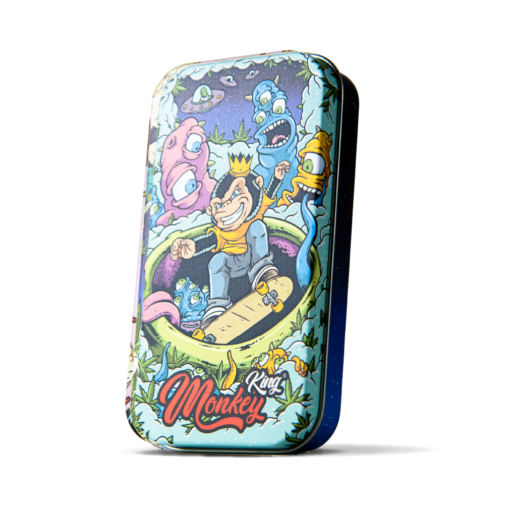 Colorful case with cartoon characters and 'King Monkey' branding on a white background