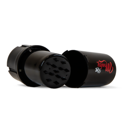 Black cylindrical product with a brand logo on a white background