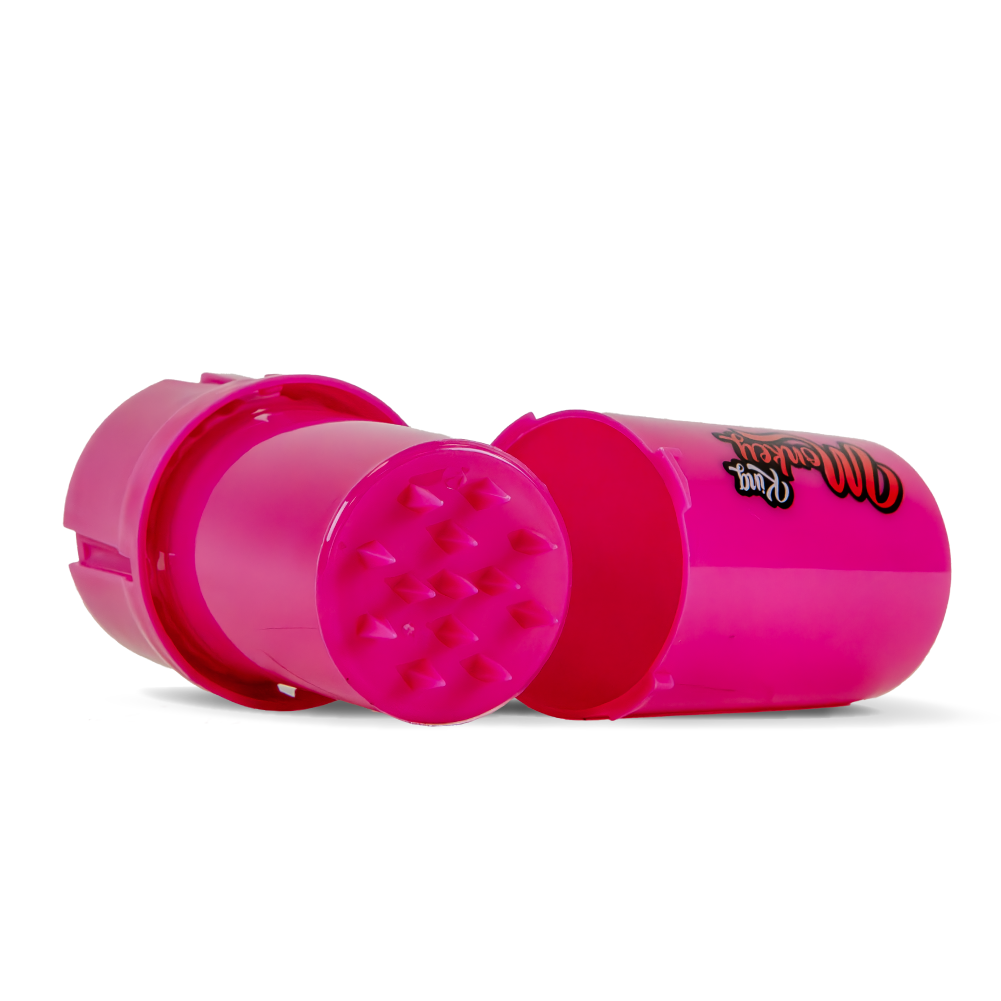 Pink plastic container with textured bottom and logo on a white background