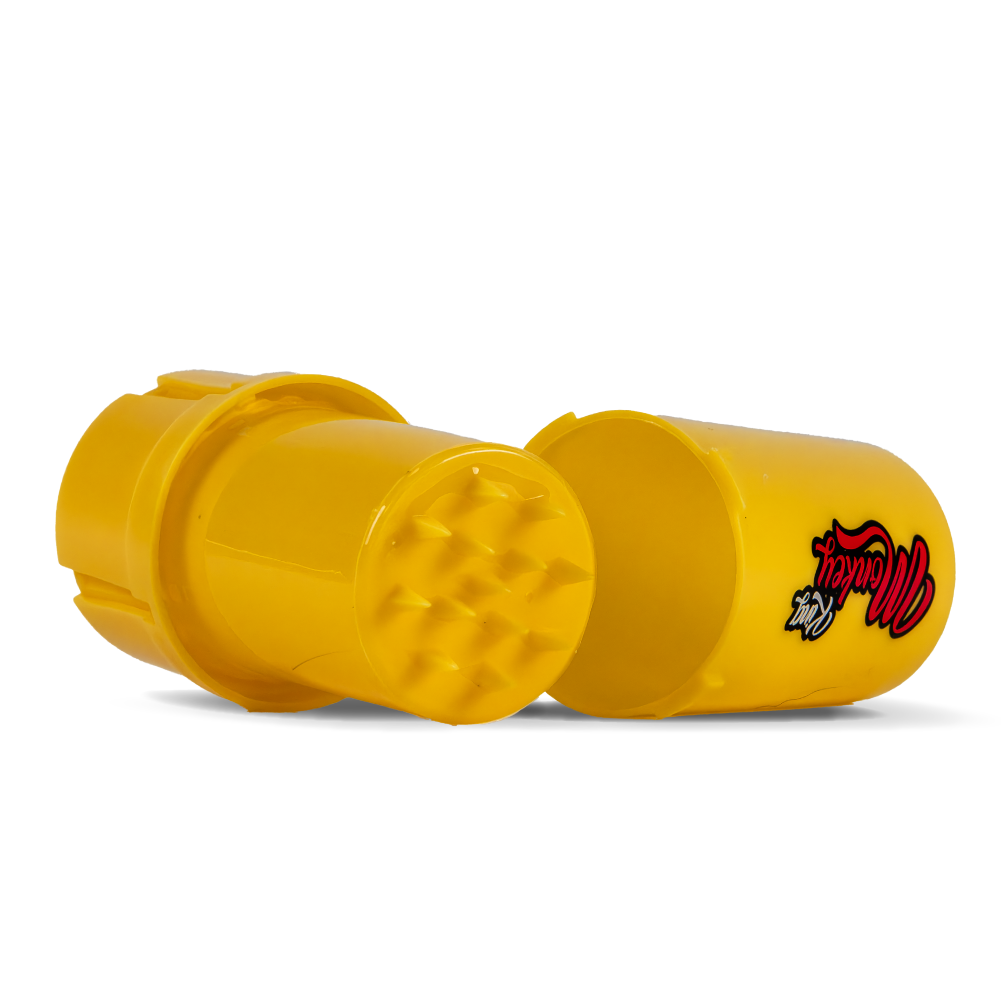 Yellow plastic container with a logo on a white background