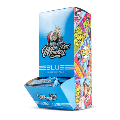 Box of King Monkey Blue rolling paper with colorful design on a white background