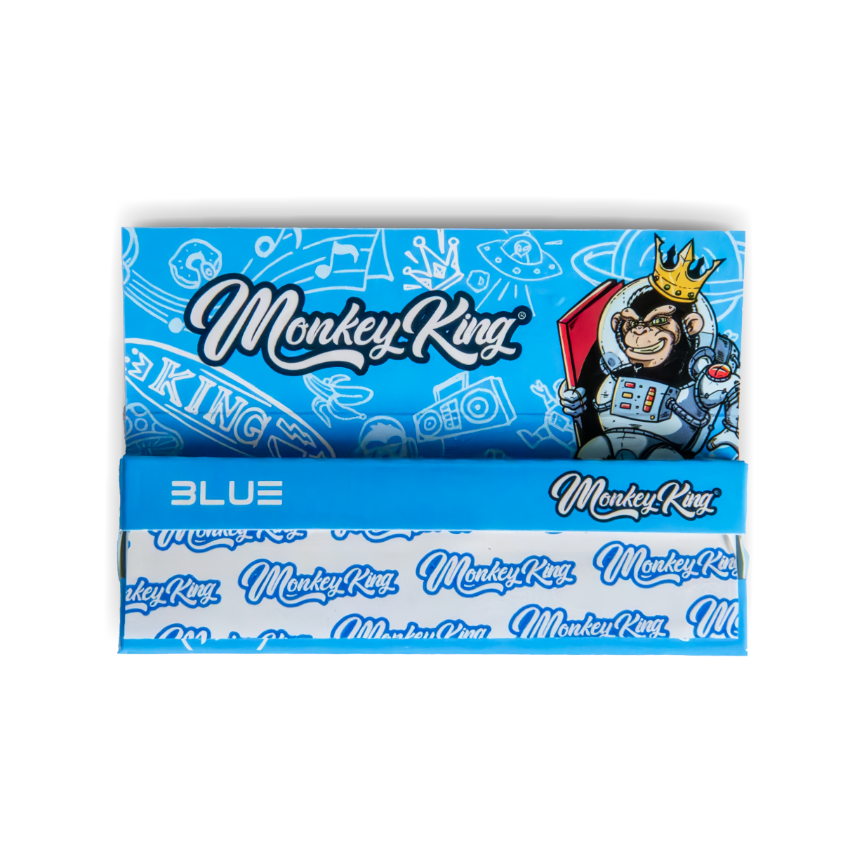 Blue rolling paper pack with Monkey King branding and cartoon monkey character on a white background