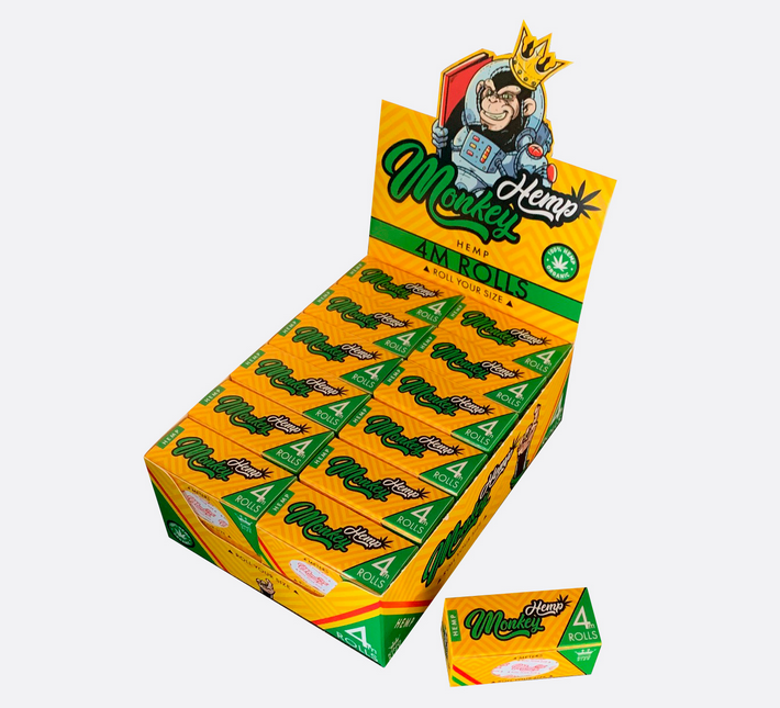 Box of Monkey Hemp rolling papers with a cartoon character on top