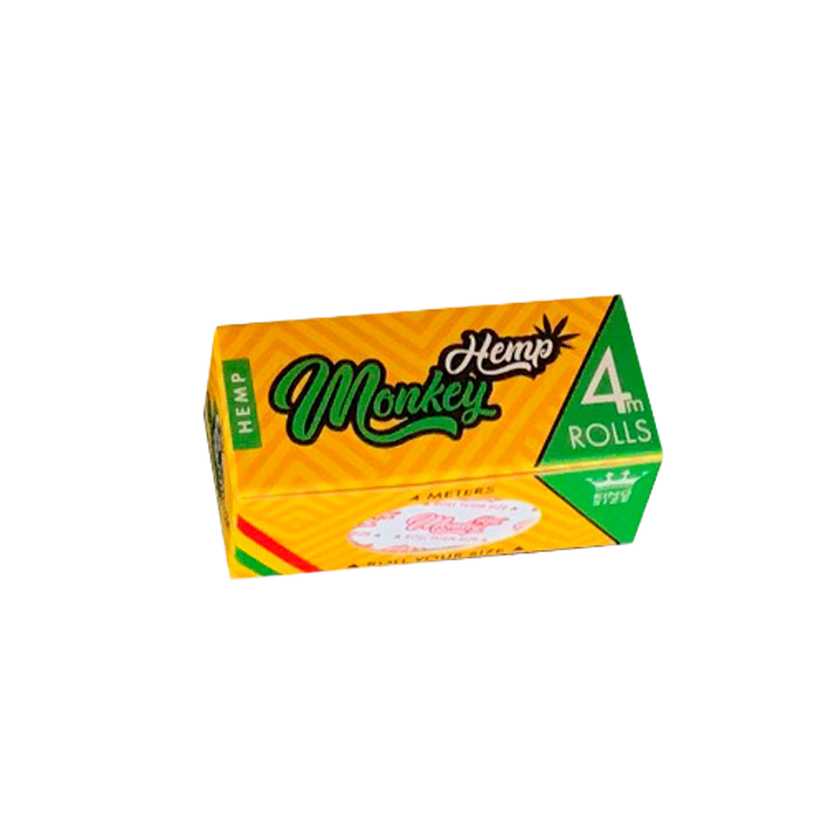 Box of Hemp Monkey rolling paper with yellow and green design on a white background