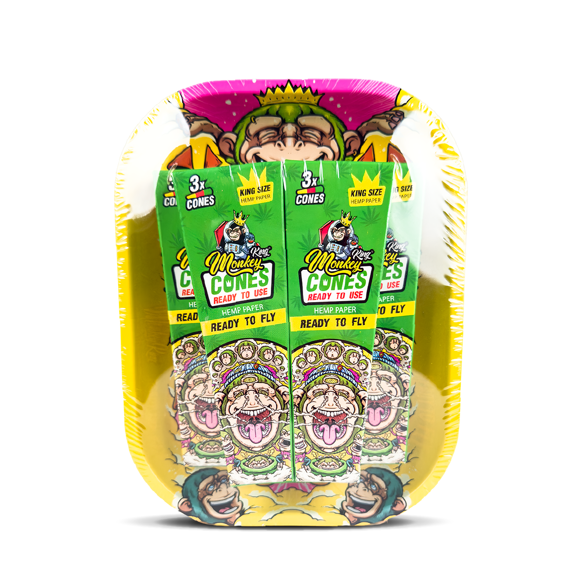 Pack of 'Monkey Cones' with colorful packaging on a white background