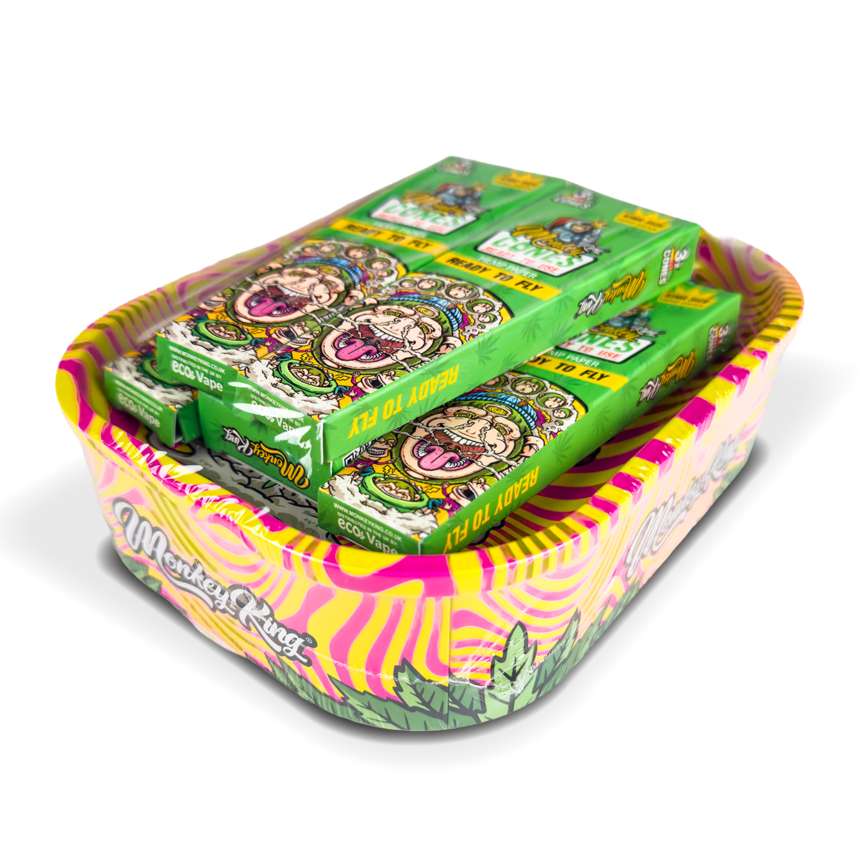 Colorful packaging of rolling papers with a prominent brand logo on a white background