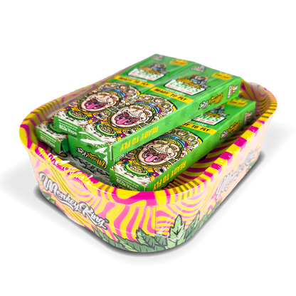 Colorful packaging of rolling papers with a prominent brand logo on a white background