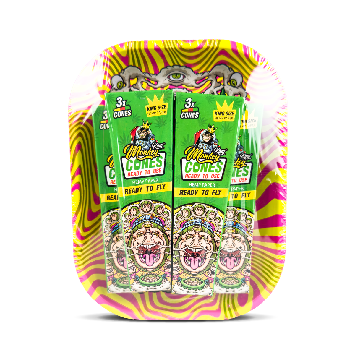 Two packages of 'Monkey Cones' on a colorful tray with psychedelic design.