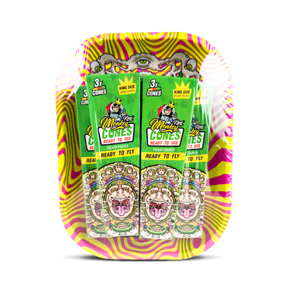 Two packages of 'Monkey Cones' on a colorful tray with psychedelic design.