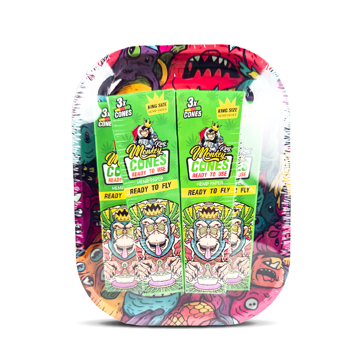Colorful packaging with cartoon characters and text on a white background