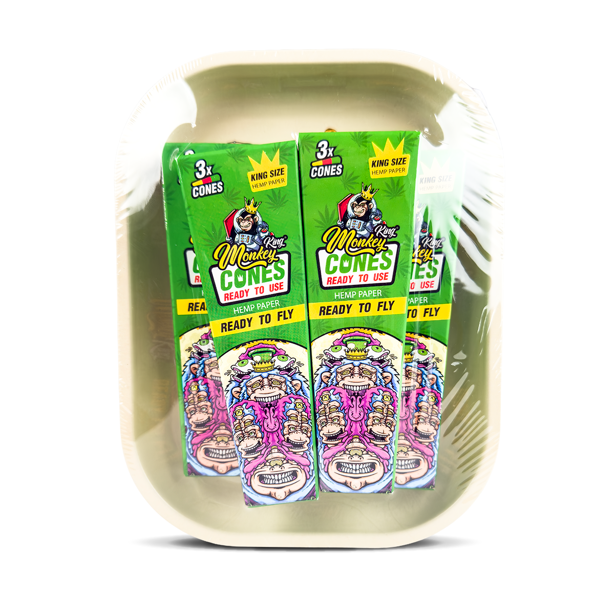 Two packs of 'Monkey King Cones' on a white tray with colorful packaging.