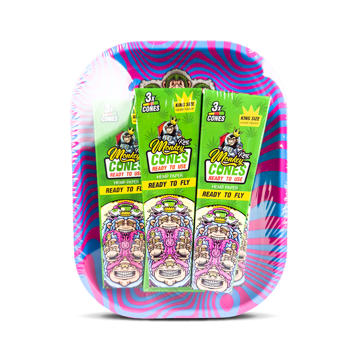 Colorful tray with packages of 'Monkey King Cones' on a white background