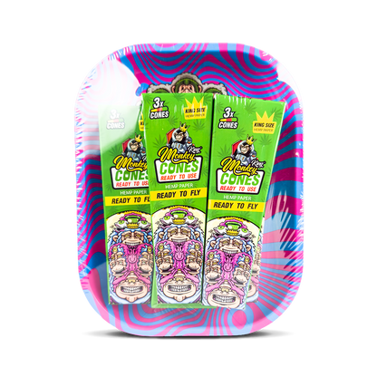 Colorful tray with packages of 'Monkey King Cones' on a white background