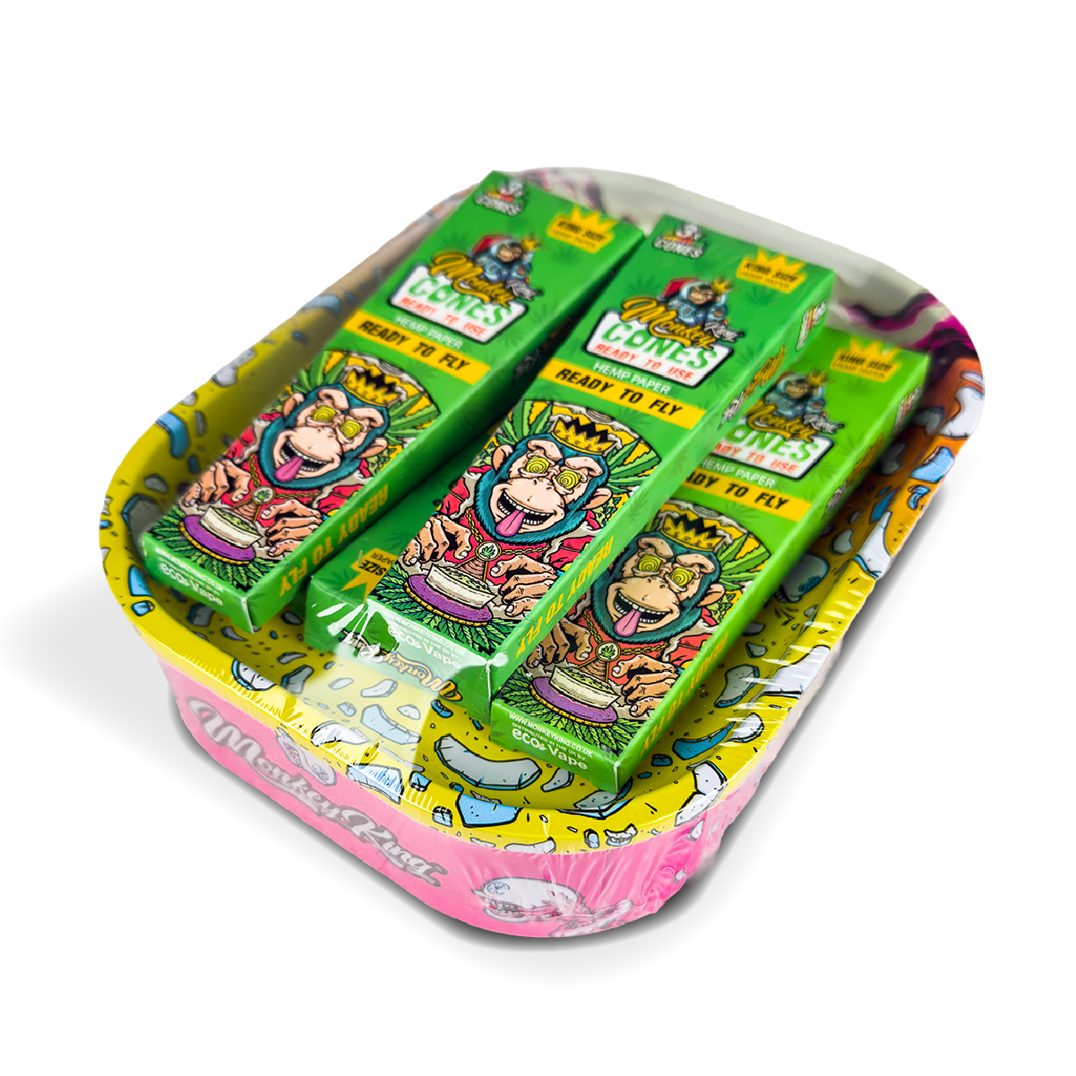 Green packages with cartoon characters on a colorful tray