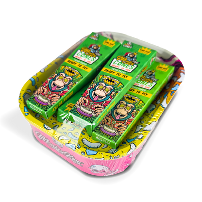 Green packages with cartoon characters on a colorful tray