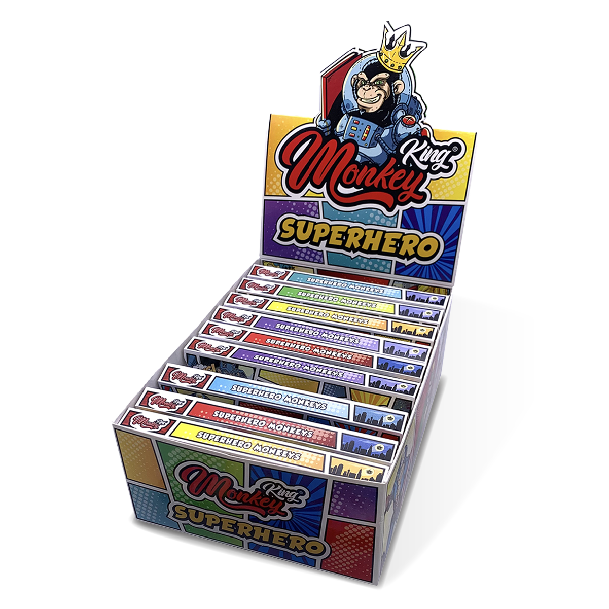Display box of King Monkey Superhero products with colorful packaging.