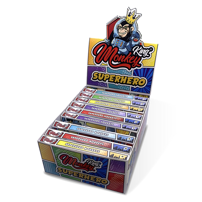 Display box of King Monkey Superhero products with colorful packaging.