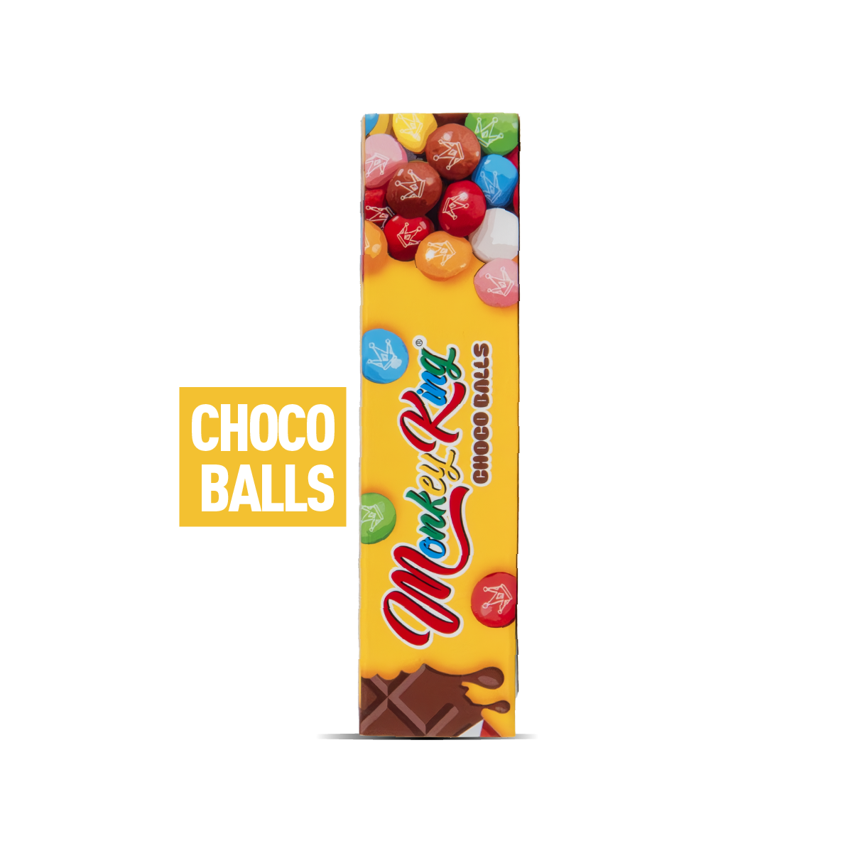 Box of Monkey King Choco Balls with colorful  sweets on a white background