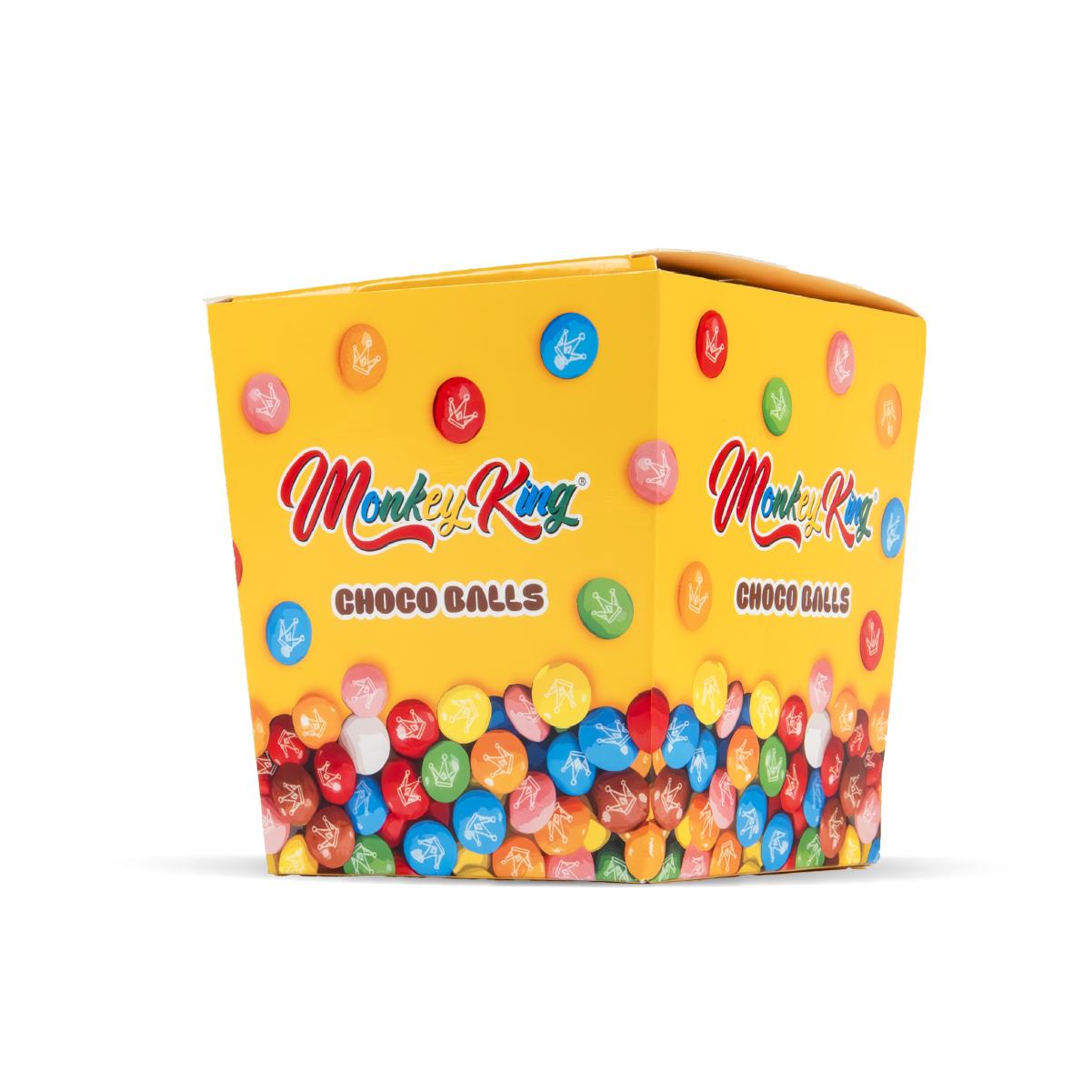 Yellow box of Monkey King Choco Balls with colorful candy balls on a white background