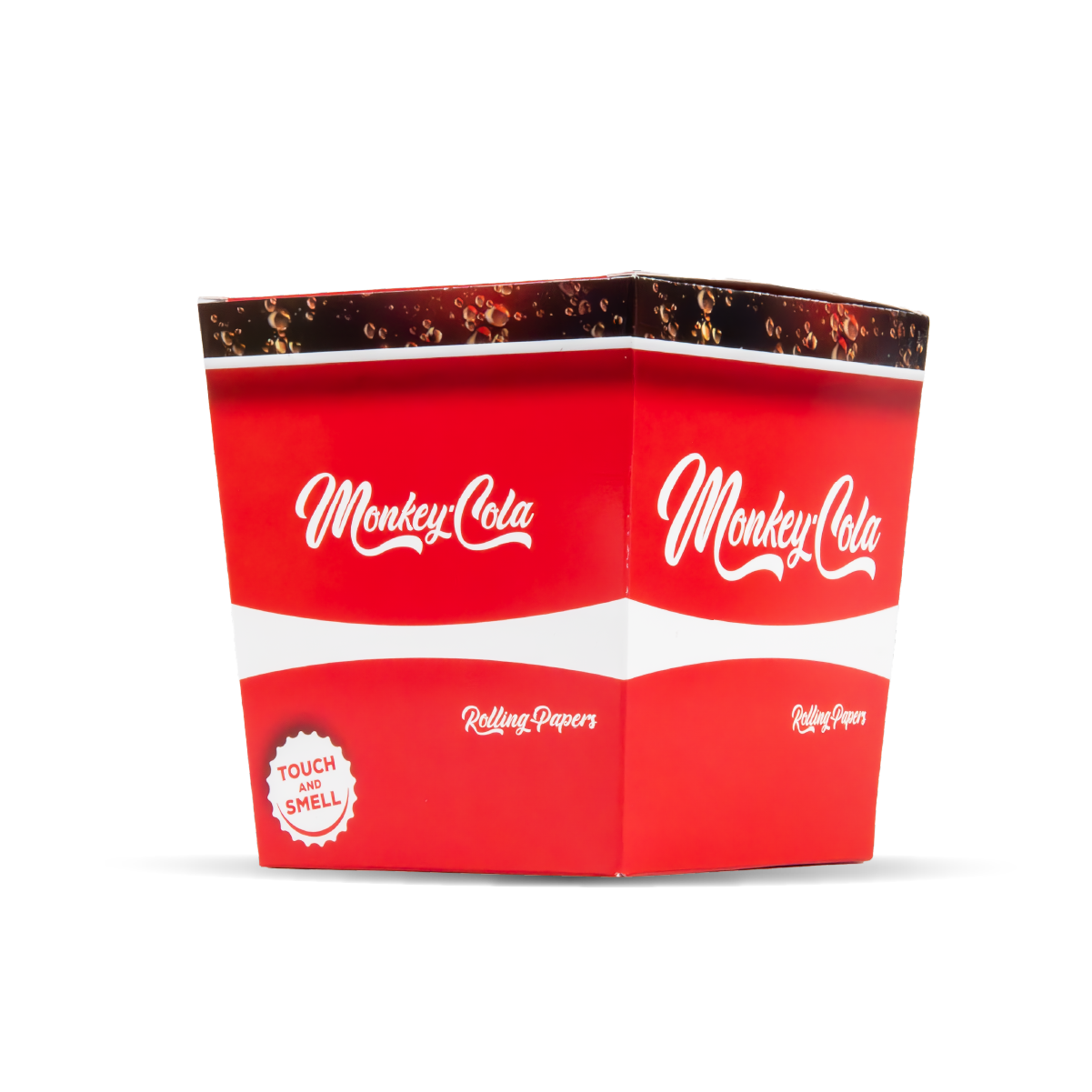 Red packaging with 'Monkey Cola' branding on a white background