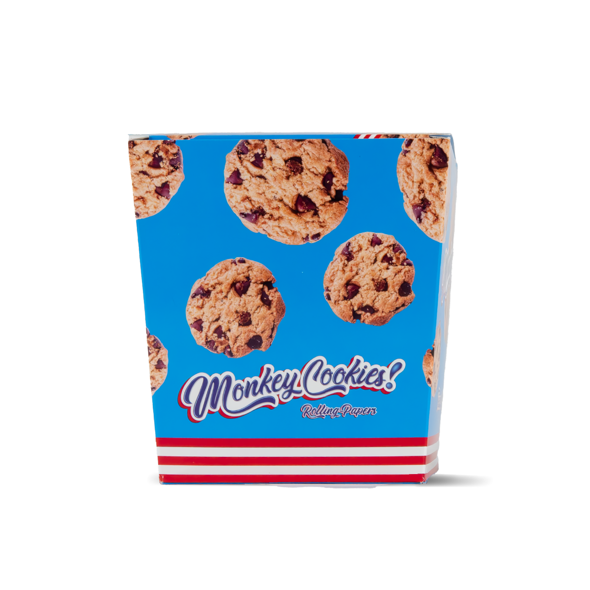 Box of Monkey Cookies with a blue background and cookie pattern