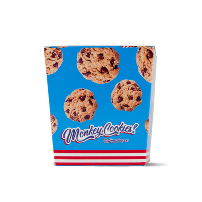 Box of Monkey Cookies with a blue background and cookie pattern