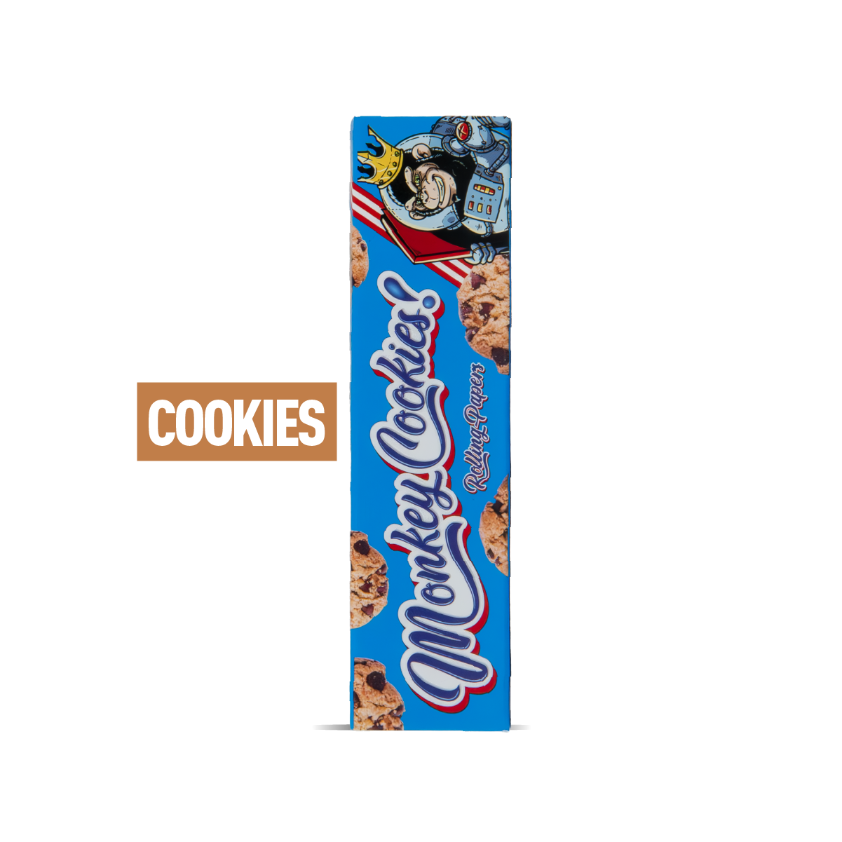 Box of Monkey Cookies with colorful design on a white background