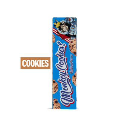 Box of Monkey Cookies with colorful design on a white background