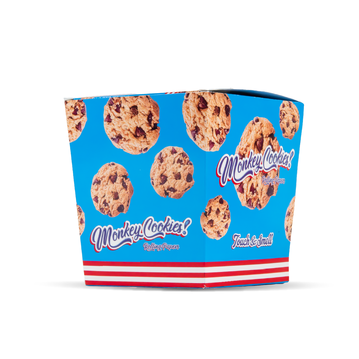 Blue container with 'Monkey Cookies' branding and cookie graphics on a white background