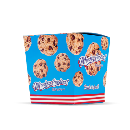 Blue container with 'Monkey Cookies' branding and cookie graphics on a white background