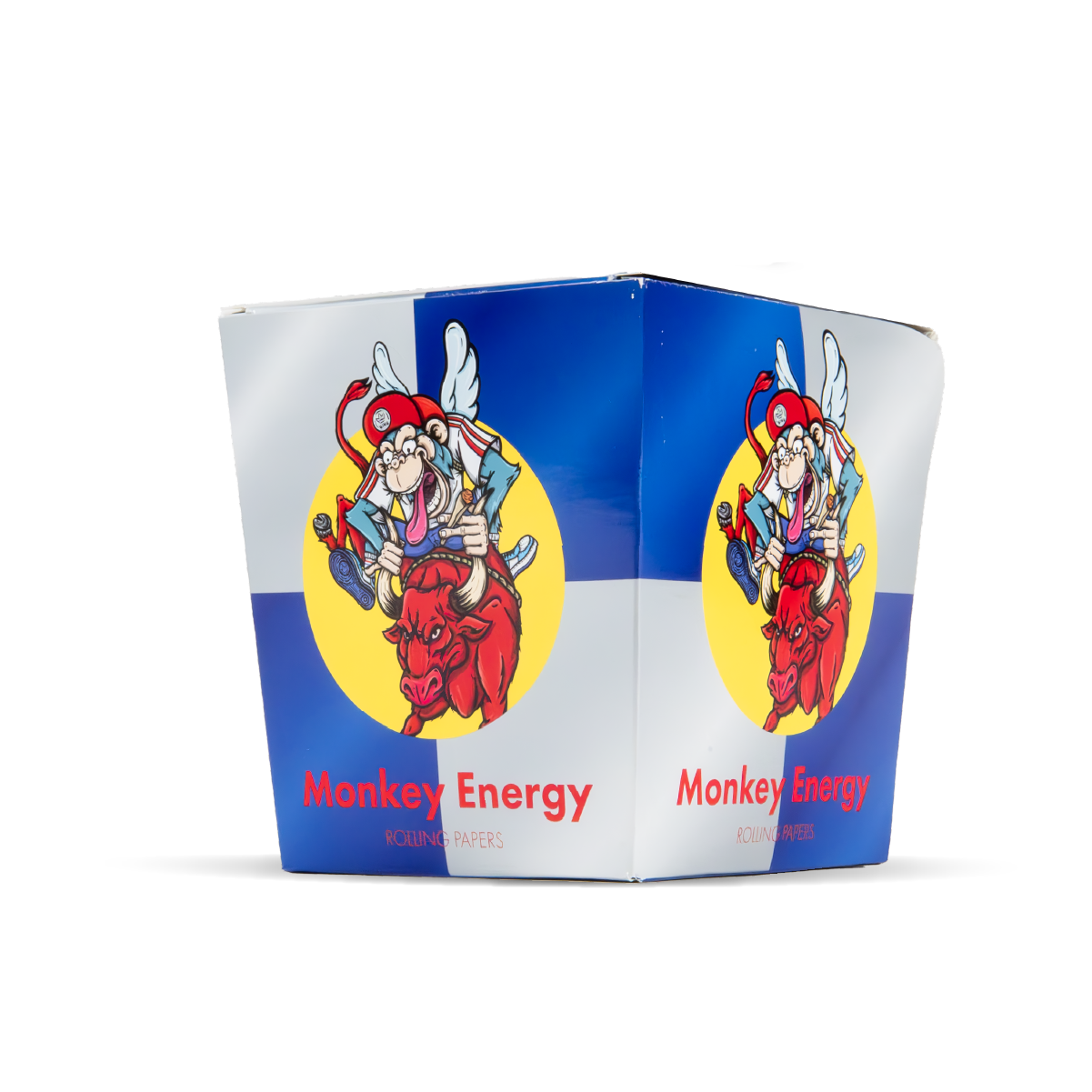 Triangular packaging with cartoon character and 'Monkey Energy' text on a white background