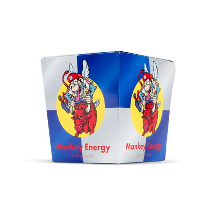Triangular packaging with cartoon character and 'Monkey Energy' text on a white background