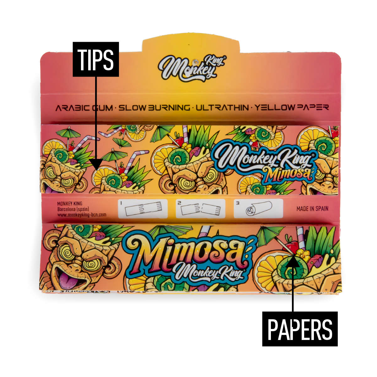 Packaging of Monkey King Mimosa rolling papers with colorful design and branding.
