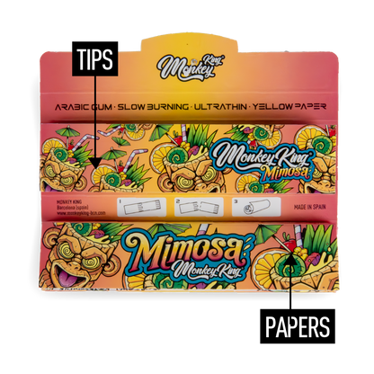 Packaging of Monkey King Mimosa rolling papers with colorful design and branding.