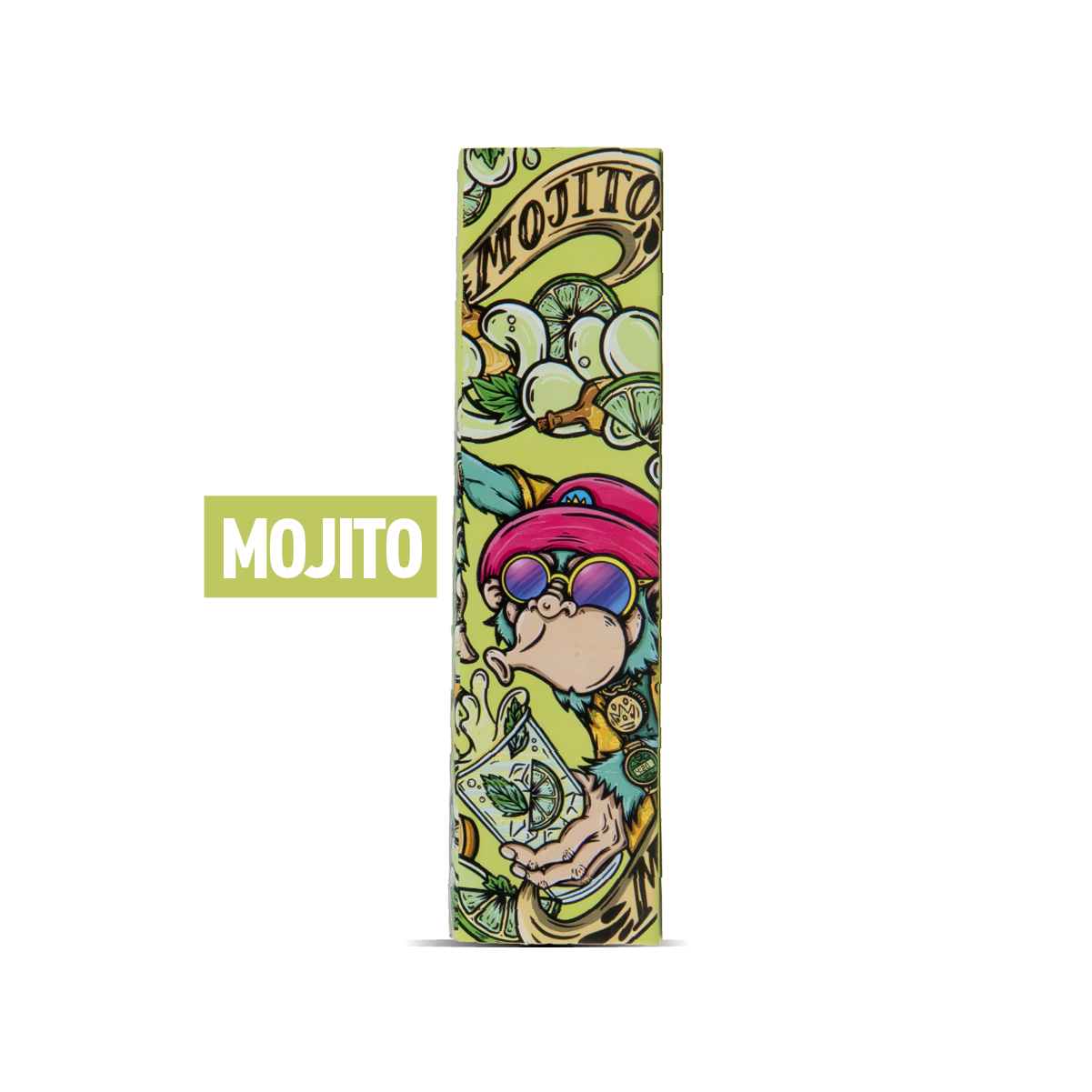 Colorful packaging with 'Mojito' branding and graphics on a white background