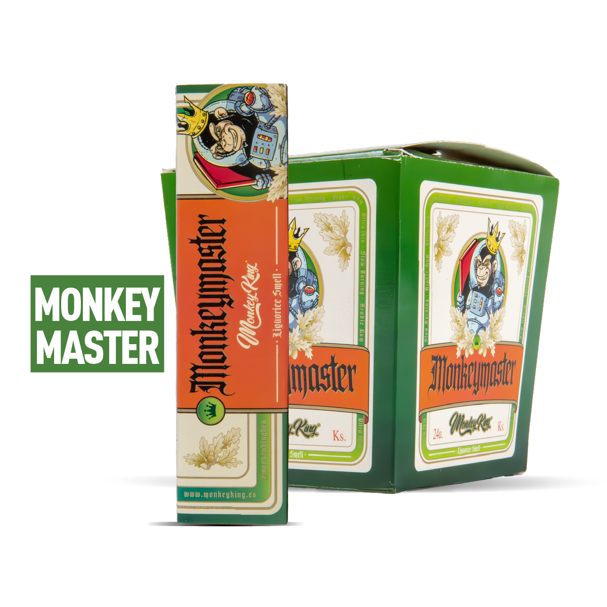 Green and orange packaging of Monkey King with brand name on a white background