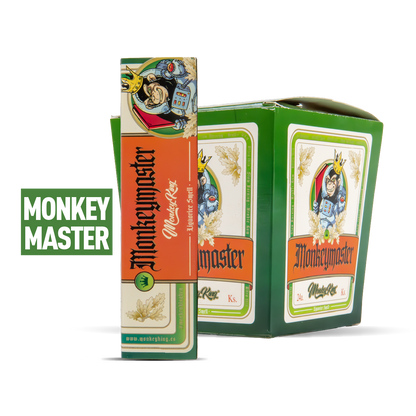 Green and orange packaging of Monkey King with brand name on a white background