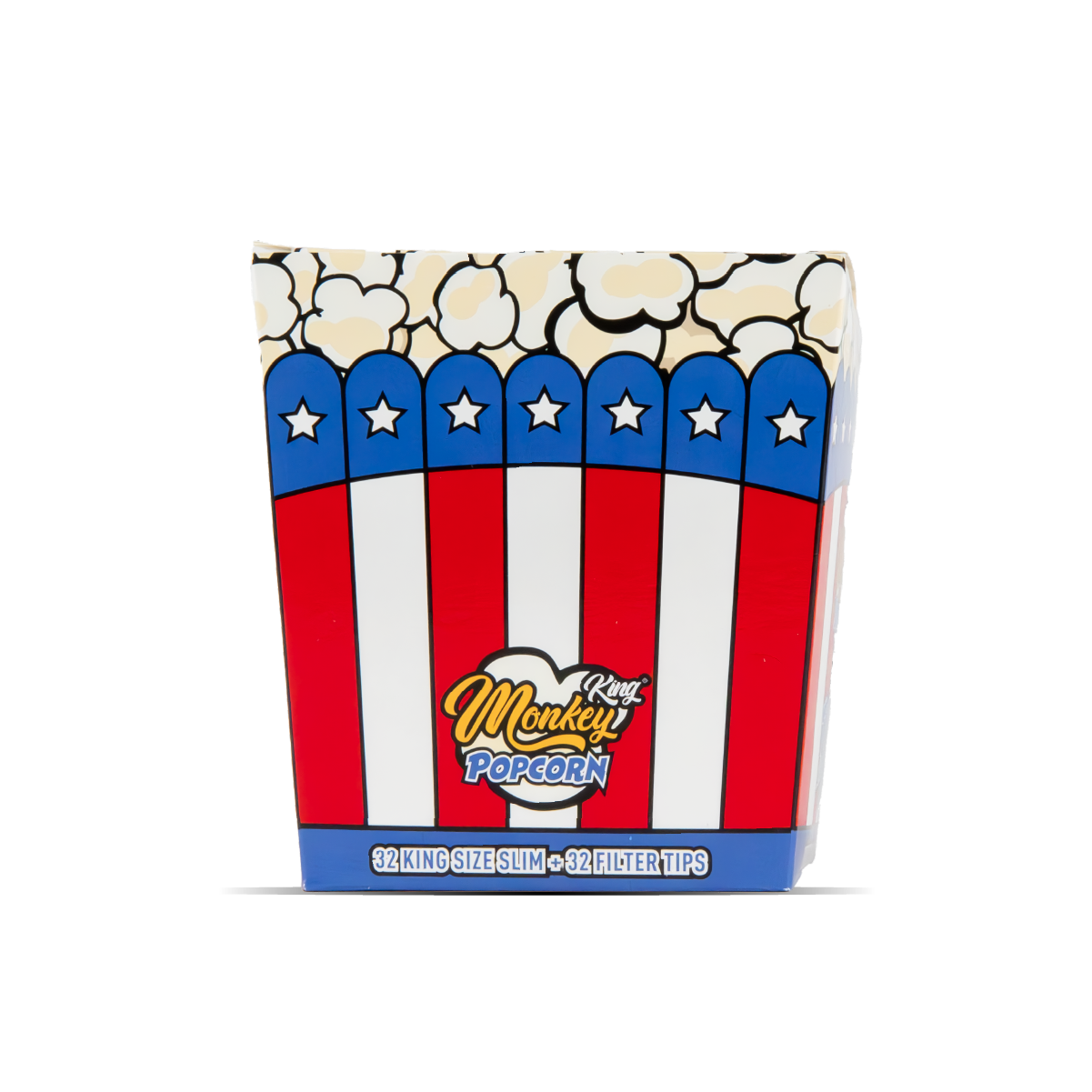 Popcorn box with red, white, and blue design featuring a brand logo on a white background