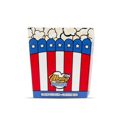 Popcorn box with red, white, and blue design featuring a brand logo on a white background