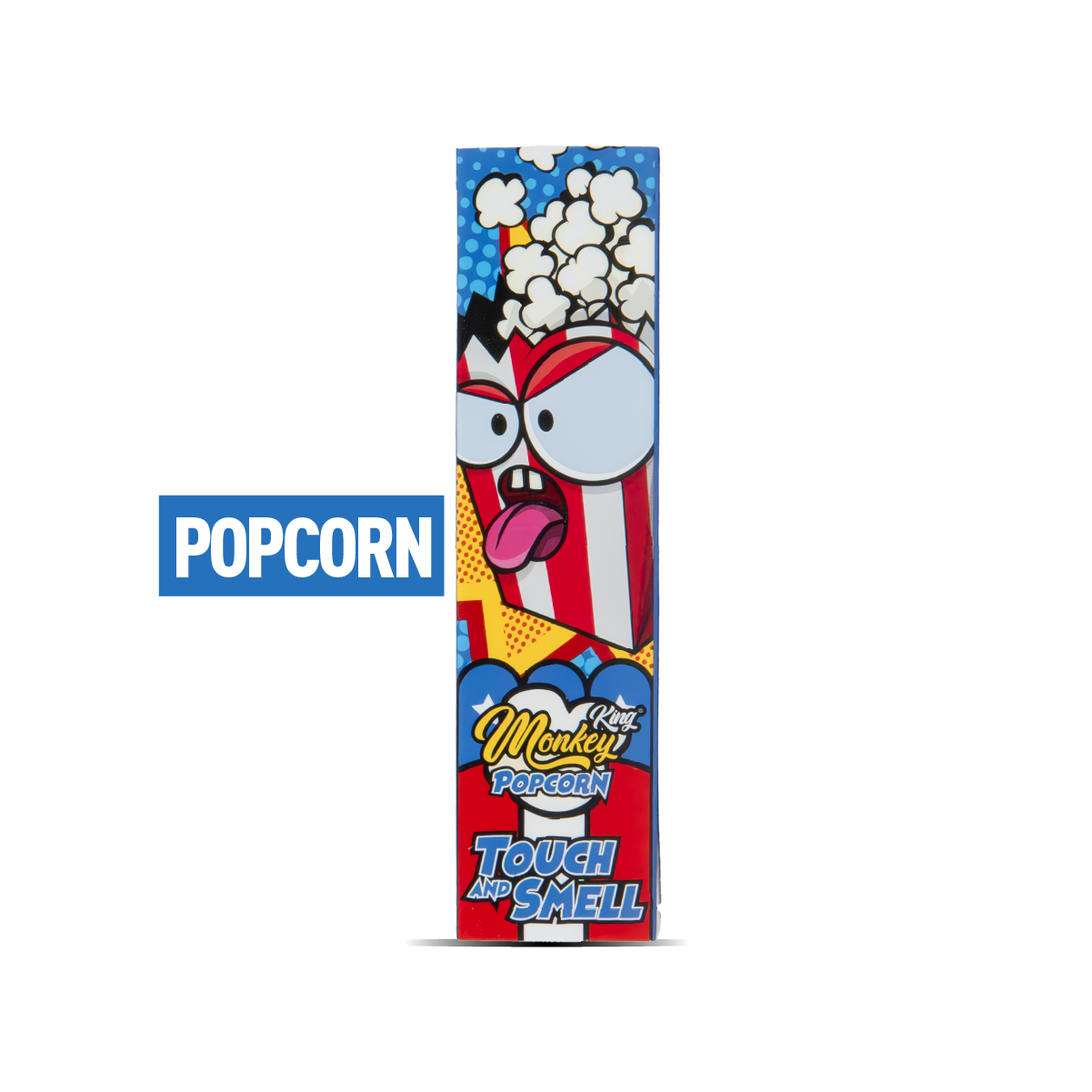 Cartoon character packaging for popcorn with colorful design on a white background