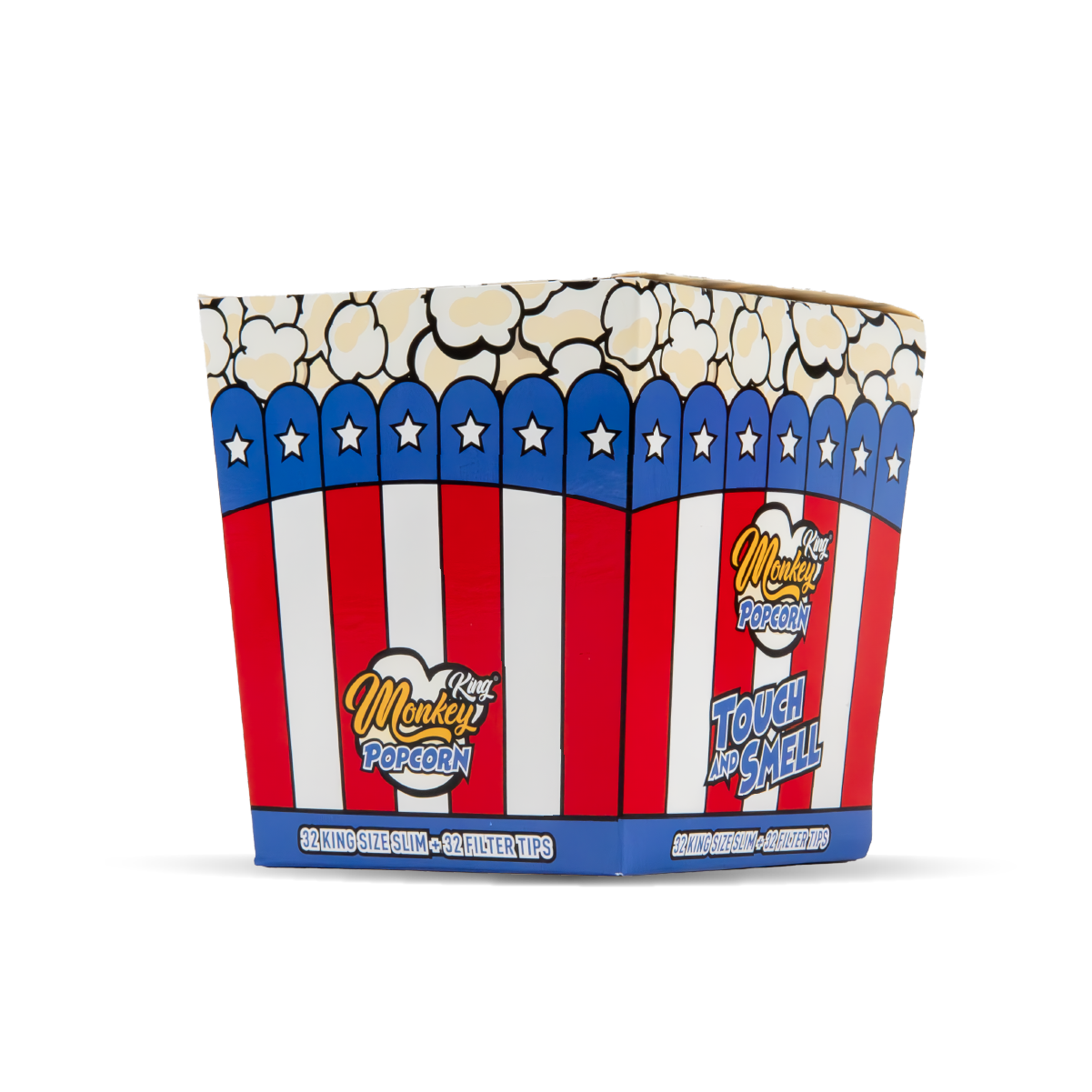 Popcorn bucket with red, white, and blue design featuring a monkey popcorn logo.